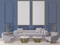 big living room.interior design, art deco style, blue wall for mock up and copy space Royalty Free Stock Photo