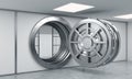 3D rendering of a big open round metal safe with locked lock-box Royalty Free Stock Photo