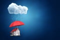 3d rendering of a big red umbrella protecting a little detached house from the thick raining cloud on blue background Royalty Free Stock Photo