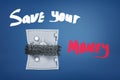 3d rendering of a big safe bound tight with chains and the title `Save your money` on a blue background.