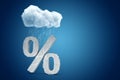 3d rendering of big stone percent symbol standing under cloud of pouring rain on blue copyspace background. Royalty Free Stock Photo
