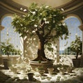 3D rendering of a big tree growing in a pot with money inside Royalty Free Stock Photo