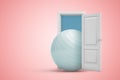 3d rendering of big white yoga ball emerging from open door on pink copyspace background.