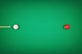 3d rendering of a billiard cue stick pointing to a white ball ready to hit a red ball. Royalty Free Stock Photo