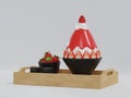 3D rendering bingsu shaved ice strawberries with strawberry leaf in black bowl on white background