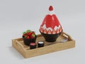 3D rendering bingsu shaved ice strawberries with strawberry leaf in black bowl on white background