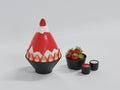 3D rendering bingsu shaved ice strawberries with strawberry leaf in black bowl on white background