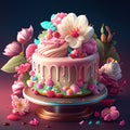 3D rendering of a birthday cake decorated with flowers and candies AI generated dessert ai