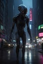 3d rendering of a black alien in a city street at night Royalty Free Stock Photo