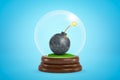 3d rendering of black ball bomb with burning fuse inside snow globe on light blue gradient background.