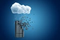 3d rendering of black barrel that is dissolving in pieces on top, standing under cloud of pouring rain on blue copyspace
