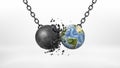 3d rendering of a black broken wrecking ball hitting an Earth globe on a black chain on white background. Royalty Free Stock Photo