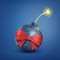3d rendering of black burning bomb with red bow on blue background