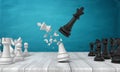 3d rendering of a black chess king flying and crashing a white king near other chess figures on a wooden desk. Royalty Free Stock Photo