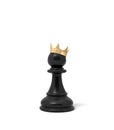 3d rendering of a black chess pawn piece with a golden crown sitting on top of it.