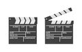 3d rendering of a black clapperboard with empty fields for movie name open and closed.