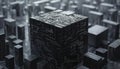 A 3D rendering of a black cube with intricate geometric patterns on its surface, sitting in the middle of a vast cityscape made of