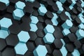 3d rendering, black and cyan hexagon cubes