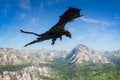 3D rendering of a black dragon or wyvern fantasy creature flying over a mountainous landscape with blue sky