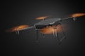 3d rendering of black drone with orange propellers, and black camera attached, flying on dark gray gradient background.