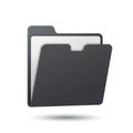 A 3D rendering of a black file folder with a tabbed cover, appearing to hover over a white