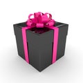 3d rendering of black gift box with pink ribbon over wh