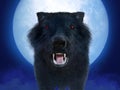 3D rendering of black wolf with red eyes in moonlight