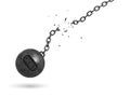 3d rendering of a black iron wrecking ball with a writing DEBT on it swings on a broken chain. Royalty Free Stock Photo