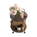 3D rendering of a black metal rolling bar cart with flowers and candles on a white background.