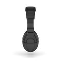 3d rendering of black padded headphones with a headband hanging on white background.
