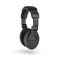 3d rendering of black padded headphones with a headband hanging on white background.