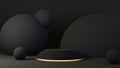 3d rendering of black podium pedestal isolated on black background, gold frame, memorial board, abstract minimal concept, luxury