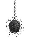 3d rendering of a black swinging wrecking ball crashing into a wall on white background. Royalty Free Stock Photo