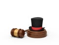 3d rendering of black top hat with red ribbon on sounding block with judge gavel lying beside.