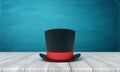 3d rendering of black top hat on white wooden floor and dark turquoise background