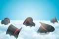 3d rendering of black top hats in white clouds on blue background Royalty Free Stock Photo