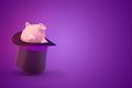 3d rendering of a black tophat upside down with a cute piggy bank sitting inside on a purple background with lots of