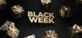 3d rendering of Black Week Super Sale. Realistic black gifts boxes. Pattern with black gift box. Dark background golden text lette Royalty Free Stock Photo