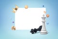 3d rendering of black and white chess kings with random objects on blue white background