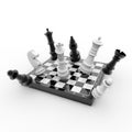 3D rendering of black and white chess pieces falling off a board on a white background-strategy Royalty Free Stock Photo