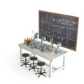 3D rendering of a blackboard with scientific calculations and instruments against a white background