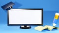 3D Rendering of blank white computer monitor Graduation cap open book and pencil isolated on blue background and have space for