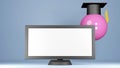 3D Rendering of blank white computer monitor and Graduation cap on pastel light blue background. Education concept
