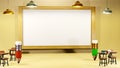 3D Rendering of blank whiteboard for input text and pencils school desks represents academic success on yellow background.