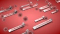 3D rendering of a blood-red surface with a lot of viruses and signs with text informing about the dangers of coronavirus.