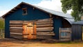 3d rendering of a blue barn with wooden door and barns