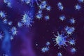 3D rendering, blue coronavirus cells covid-19 influenza flowing on abstract blue background