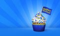 3D Rendering of Blue Cupcake, Yellow Stripes around Cupcake
