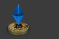 3d rendering. blue ethereum sign floating on a gold crypto currency bitcoin with gray copy space background