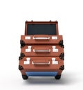 3d rendering of blue hand truck with stack of three brown suitcases on top.
